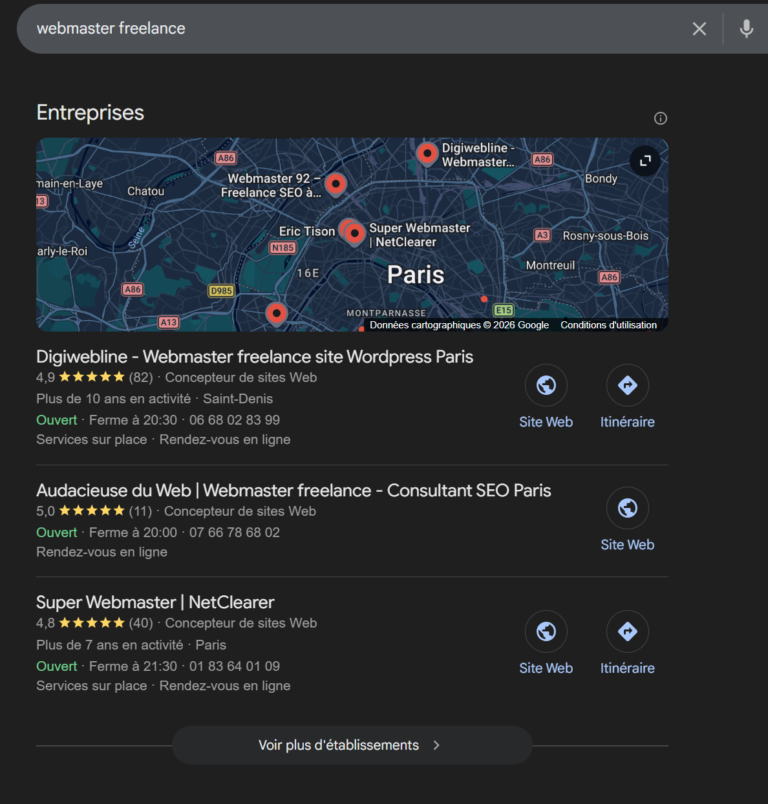 Fiche établissement Google d'Audacieuse du Web dans le Pack Local, notée 5,0 sur 11 avis