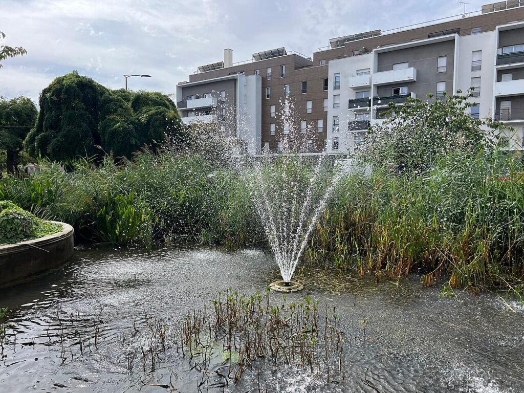 Fontaine et bassin végétalisé du mail Gabriel-Péri, au Blanc-Mesnil