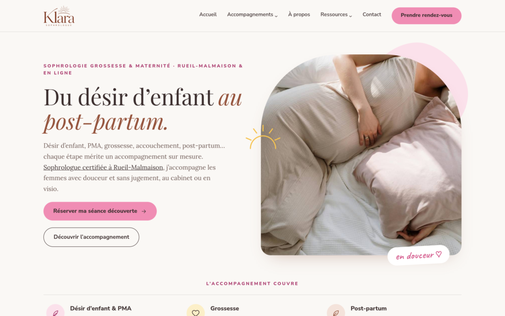 Page « Sophrologie grossesse et maternité » du nouveau site de Klara, sur ordinateur