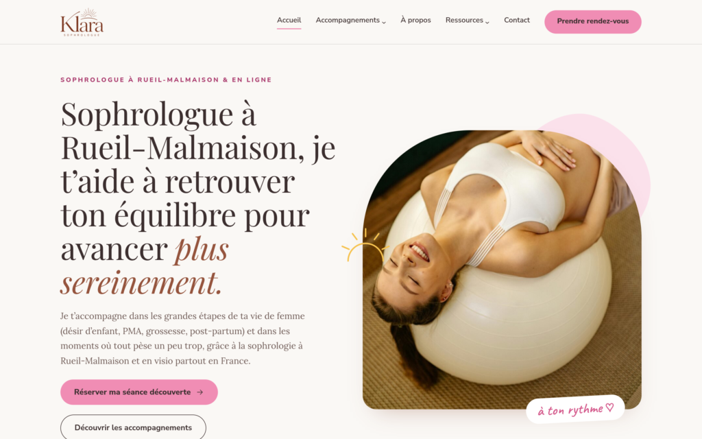 Page d'accueil du nouveau site de Klara, sophrologue à Rueil-Malmaison, sur ordinateur