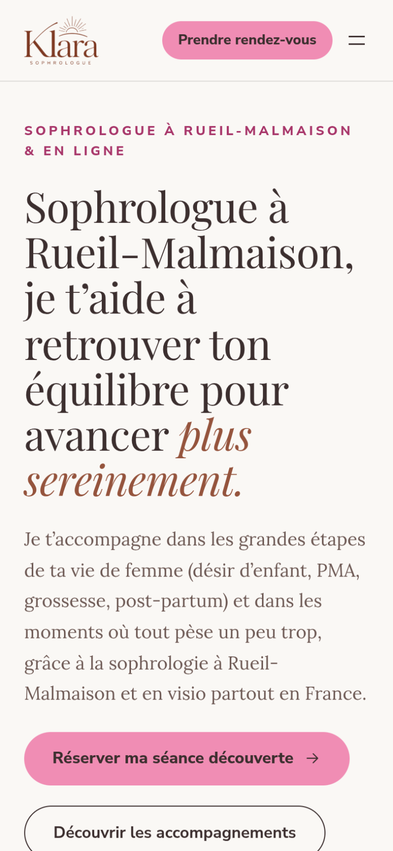 Page d'accueil du nouveau site de Klara, sophrologue, sur téléphone
